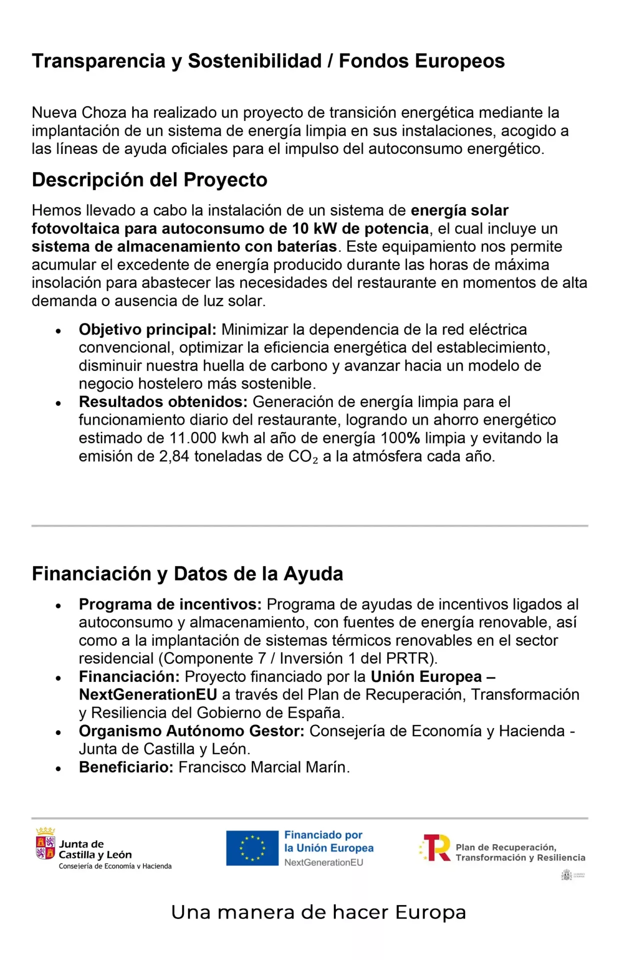 Proyecto de sostenibilidad de Nueva Choza apoyado mediante subvenciones
